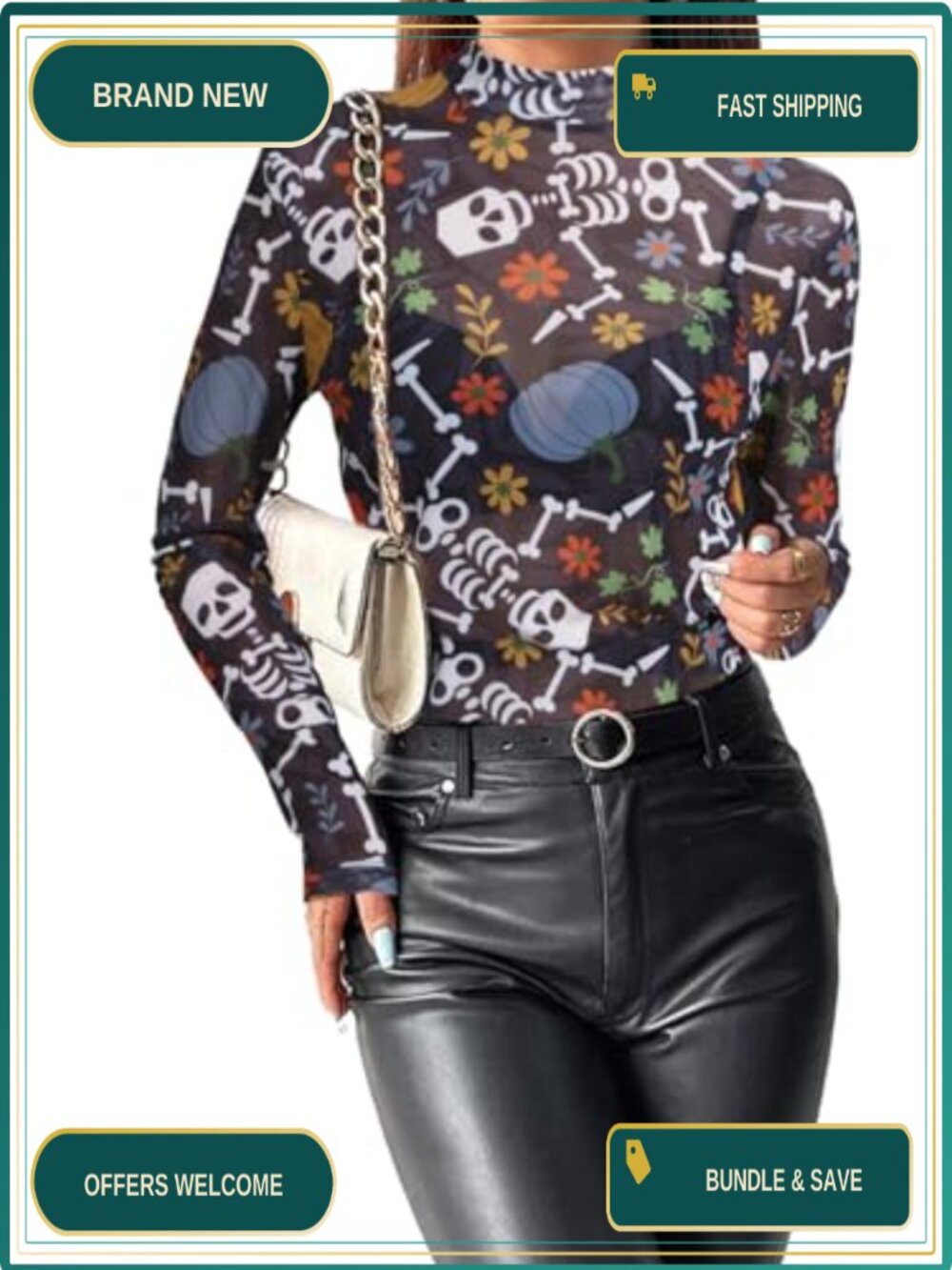 Women's Sheer Mesh Long Sleeve Halloween Top Mock Neck Graphic
